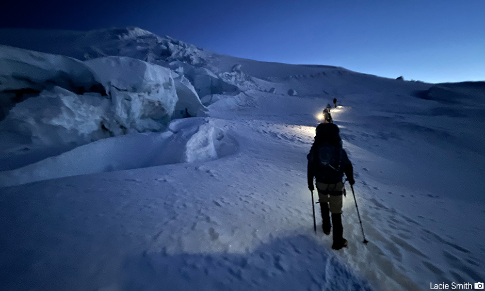 Ascending the upper slopes of the Kautz route.