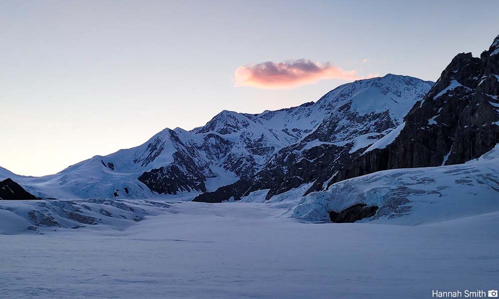 Views of Denali early in the morning on the descent towards base camp.